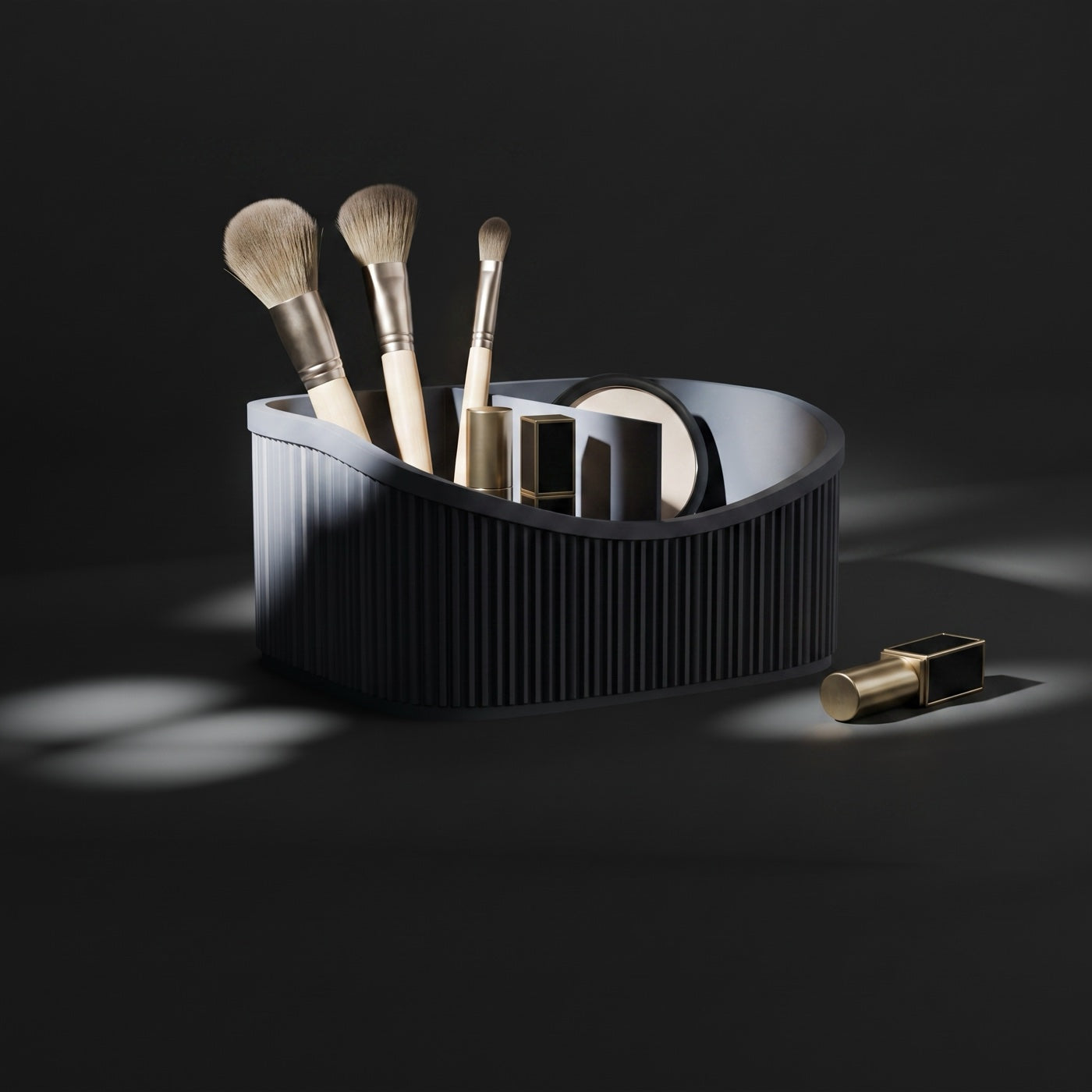 Ribbed caddy with makeup brushes and lipsticks