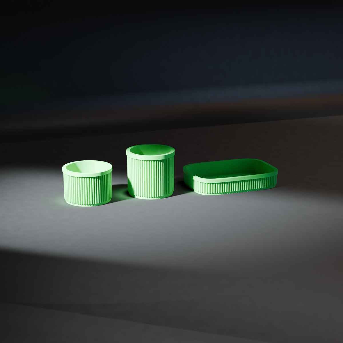 Ribbed Bathroom Organiser Set of 3 with Tray, Pot and Cotton Pad Holder in forest green