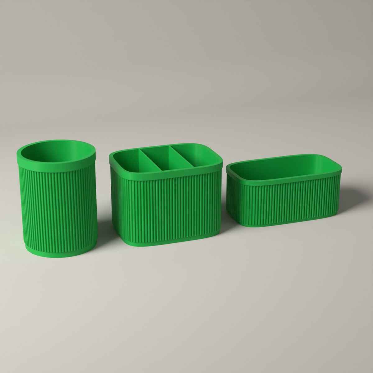 Ribbed Kitchen Counter Organiser Set of 3 with Caddy, Utensil Pot and Stand in forest green