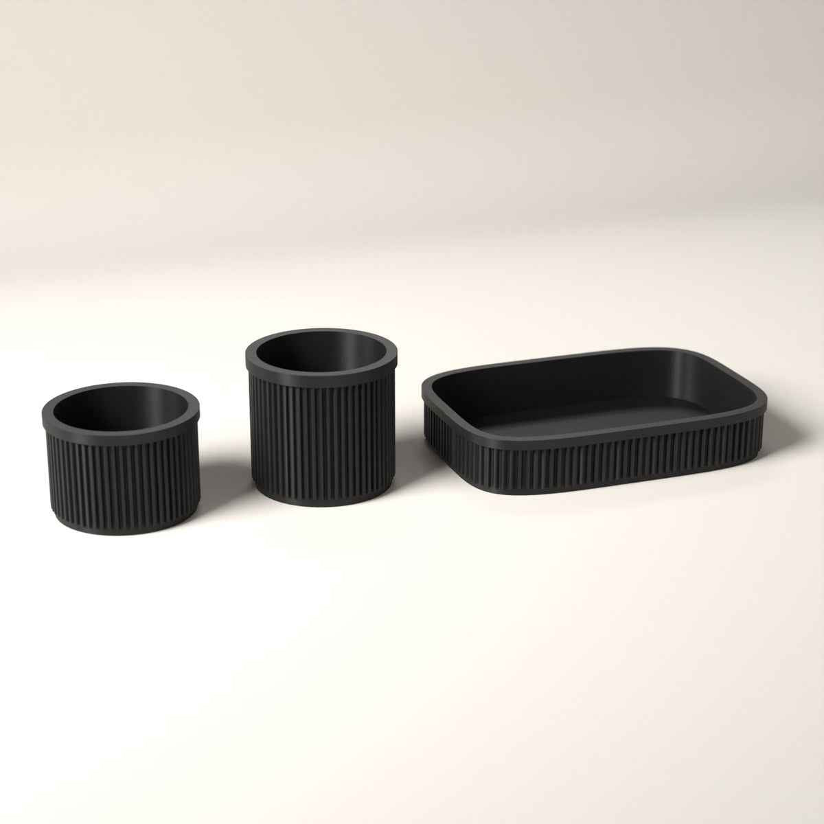 Ribbed Bathroom Counter Organiser Set of 3 with Tray and 2 Holders in black
