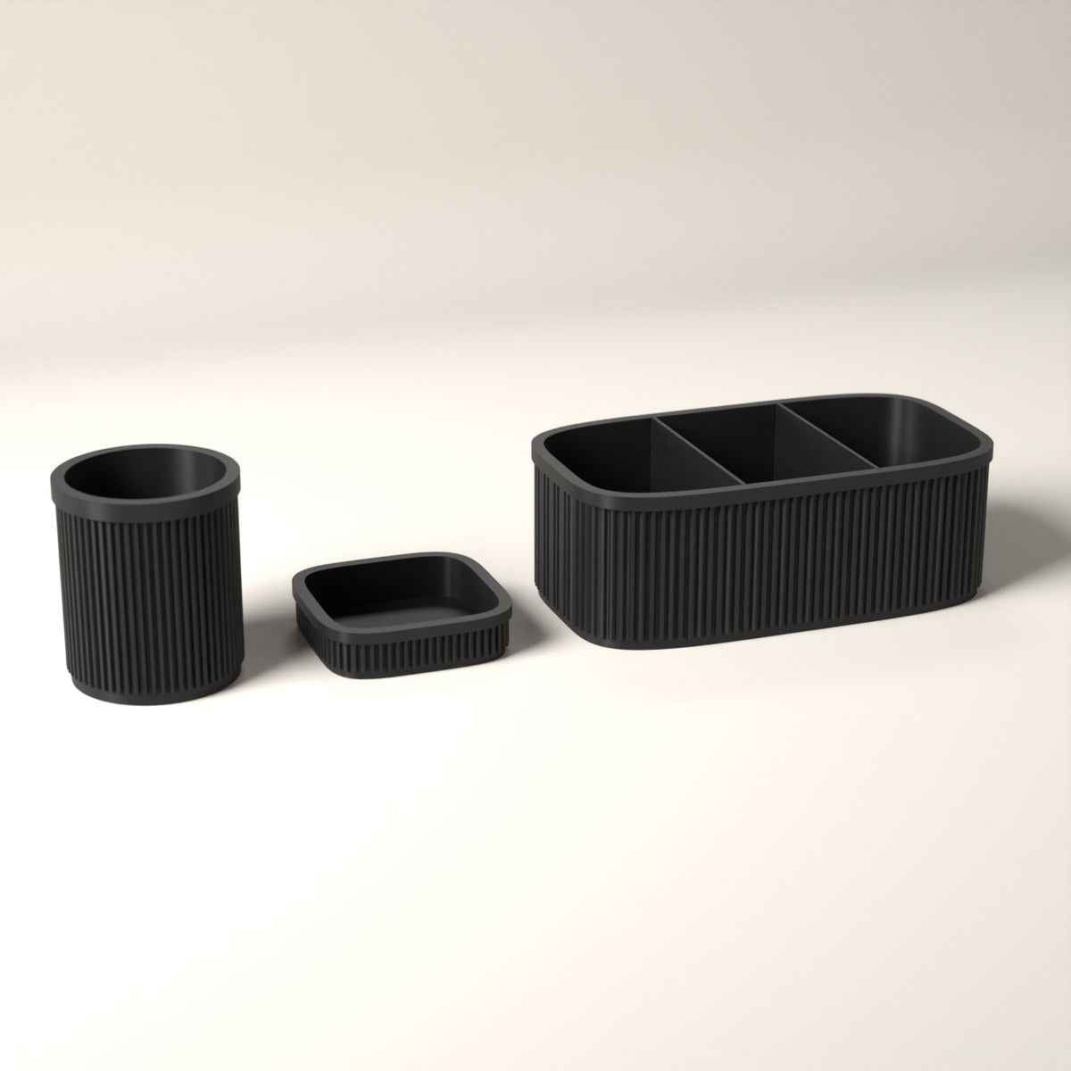 Ribbed Teacher Desk Organiser Set of 3 with Caddy, Pen Pot and Note Tray in black
