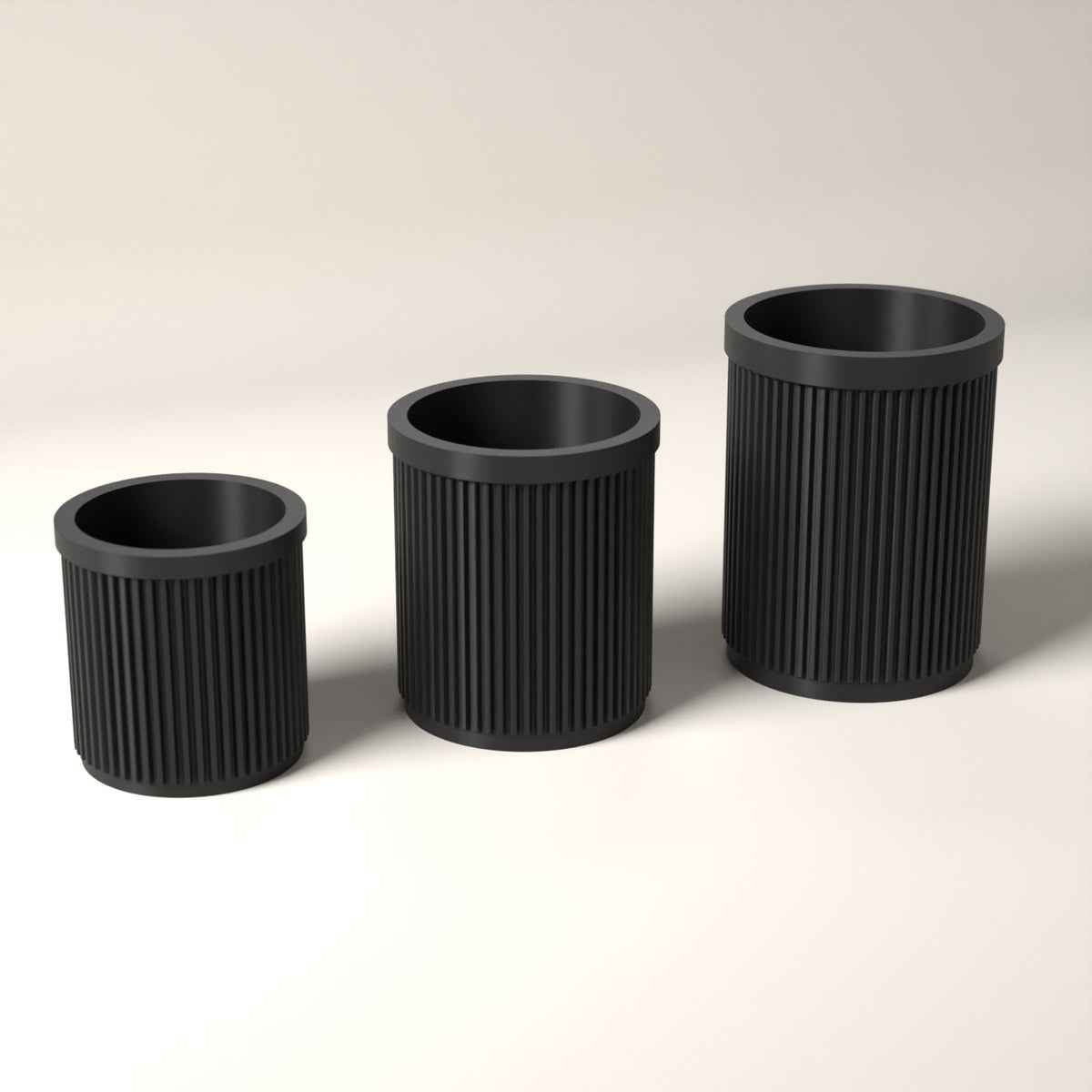 Ribbed Pen Pots Set of 3 Heights - Desk Storage for Pens and Pencils in black