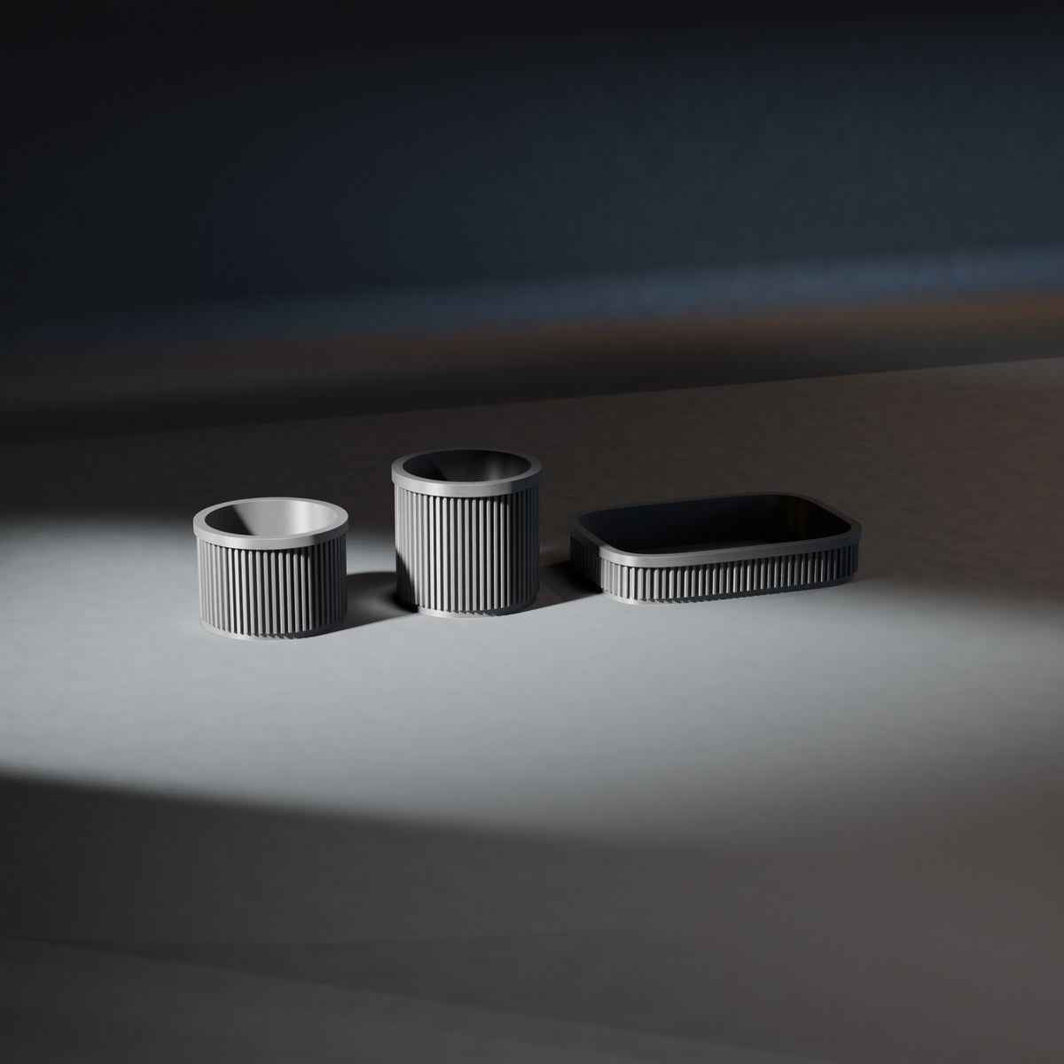 Ribbed Bathroom Organiser Set of 3 with Tray, Pot and Cotton Pad Holder in black