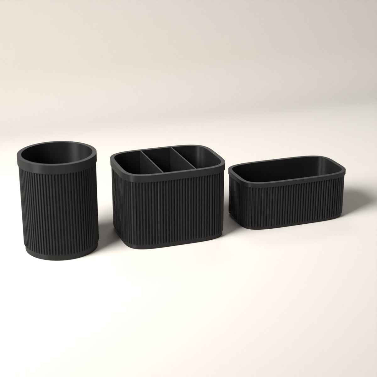 Ribbed Kitchen Counter Organiser Set of 3 with Caddy, Utensil Pot and Stand in black