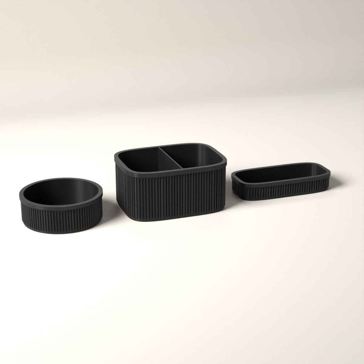 Ribbed Bedside Organiser Set of 3 - Caddy, Key Bowl and Glasses Tray in black