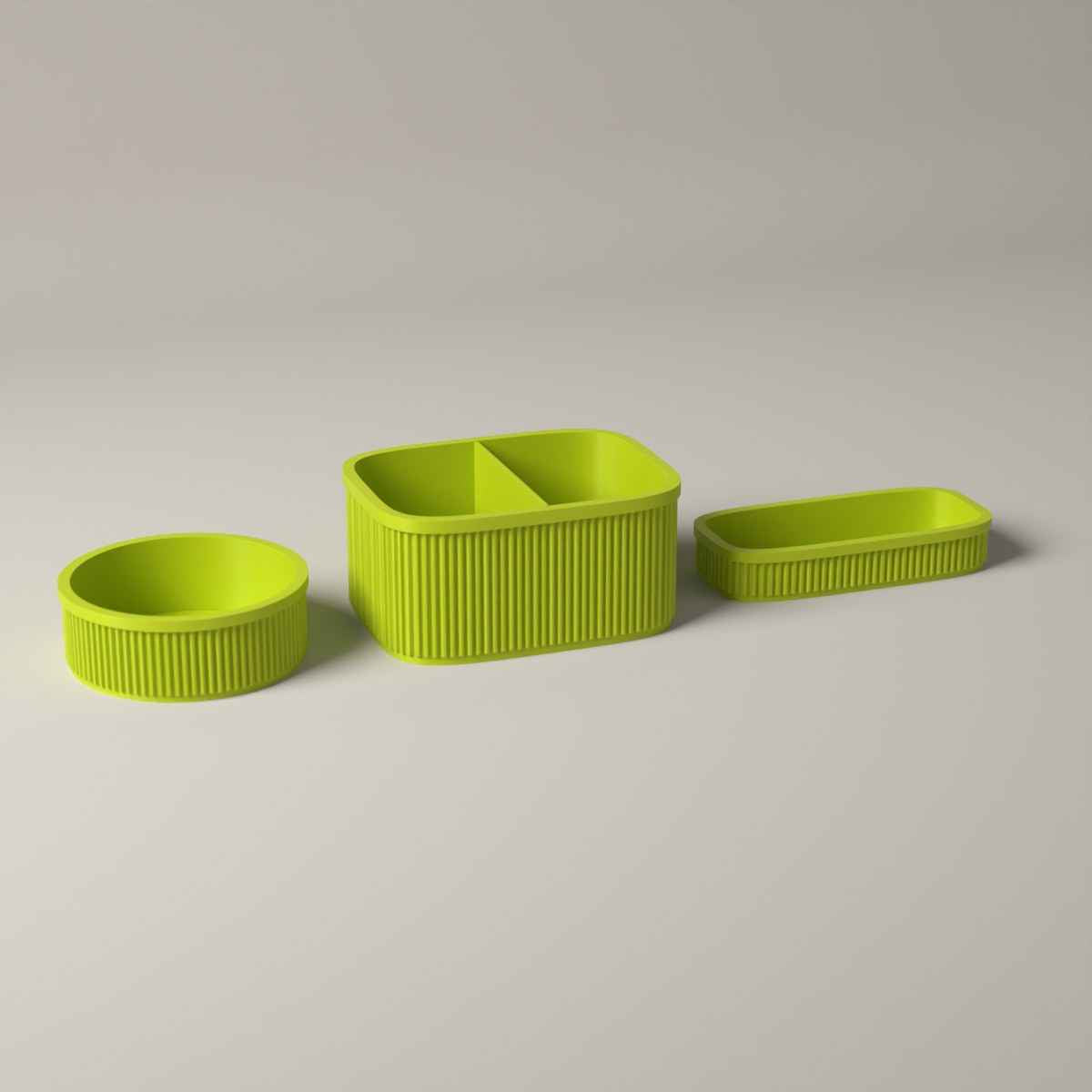 Ribbed Bedside Organiser Set of 3 - Caddy, Key Bowl and Glasses Tray in bright green