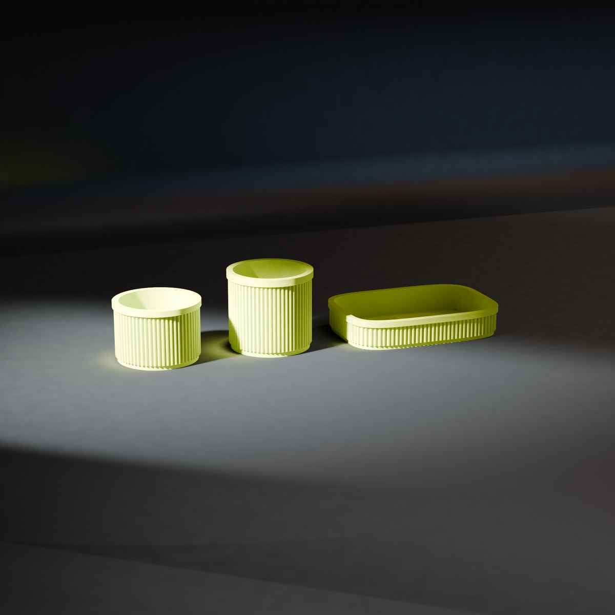 Ribbed Bathroom Organiser Set of 3 with Tray, Pot and Cotton Pad Holder in bright green