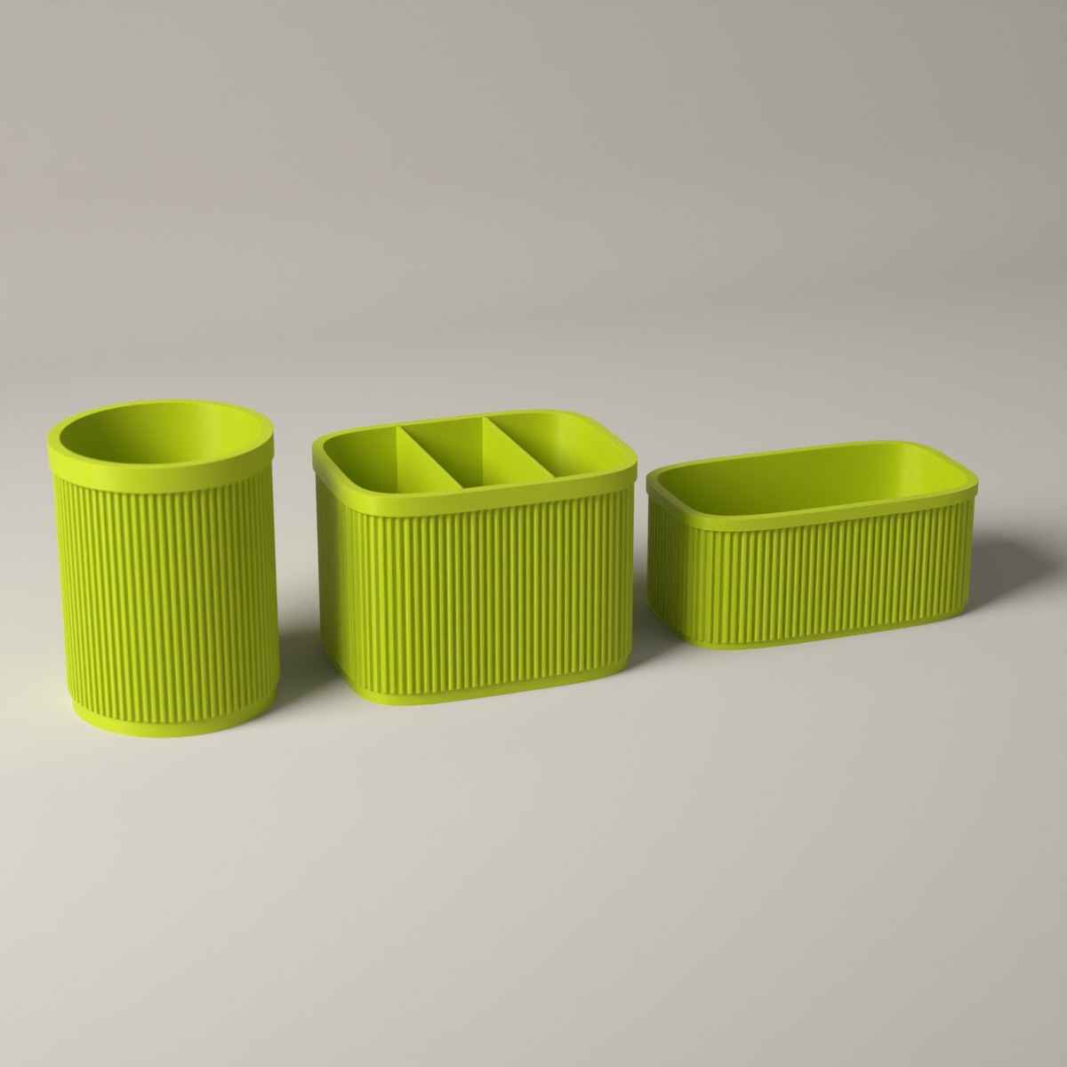 Ribbed Kitchen Counter Organiser Set of 3 with Caddy, Utensil Pot and Stand in bright green
