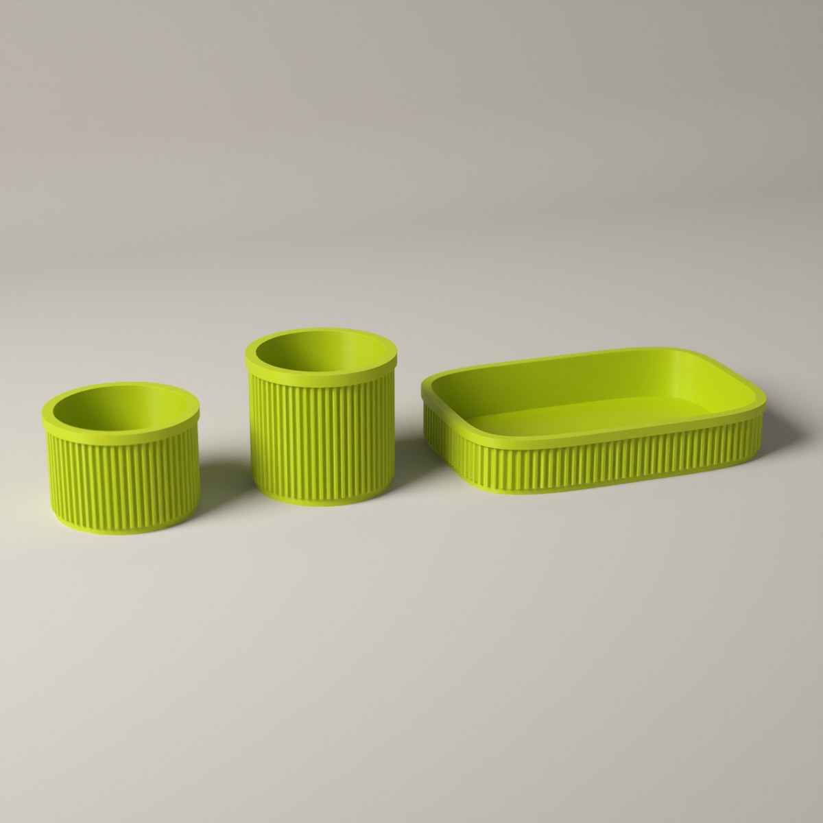 Ribbed Bathroom Counter Organiser Set of 3 with Tray and 2 Holders in bright green
