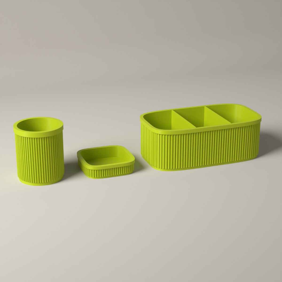 Ribbed Teacher Desk Organiser Set of 3 with Caddy, Pen Pot and Note Tray in bright green