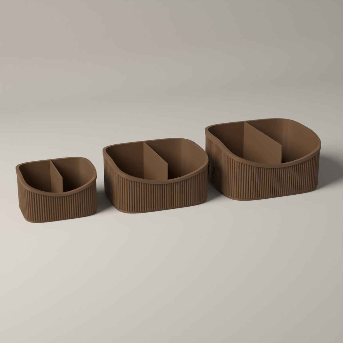 Ribbed Makeup Organiser Caddies, Set of 3 Graduated Sizes in cocoa brown