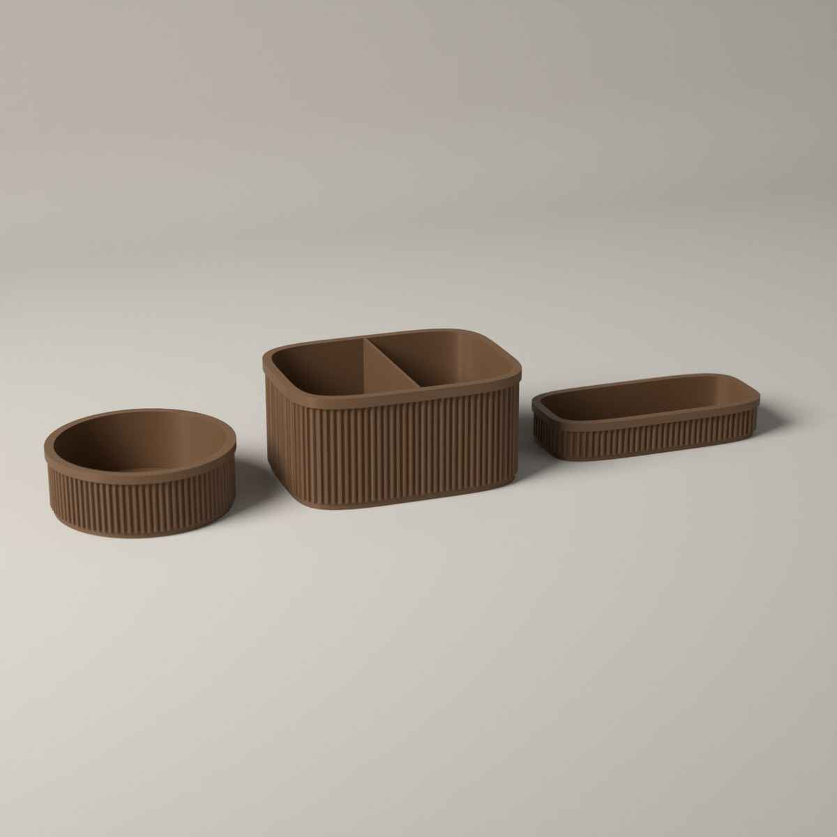 Ribbed Bedside Organiser Set of 3 - Caddy, Key Bowl and Glasses Tray in cocoa brown