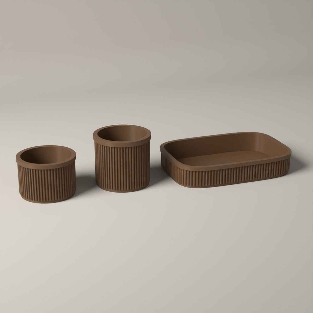 Ribbed Bathroom Counter Organiser Set of 3 with Tray and 2 Holders in cocoa brown
