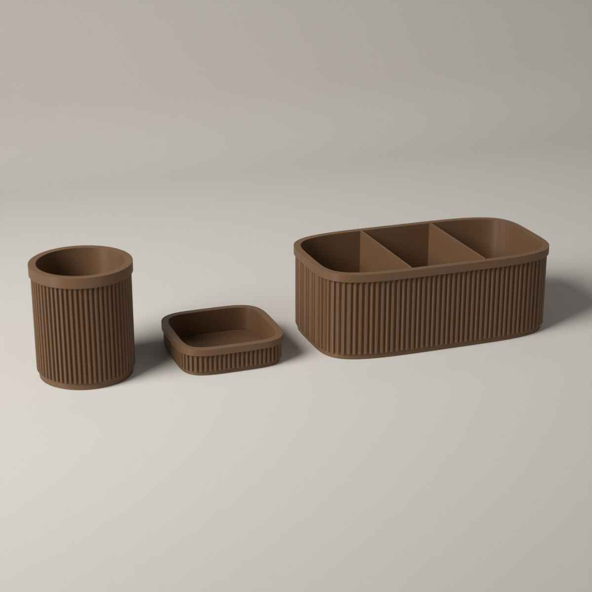 Ribbed Teacher Desk Organiser Set of 3 with Caddy, Pen Pot and Note Tray in cocoa brown