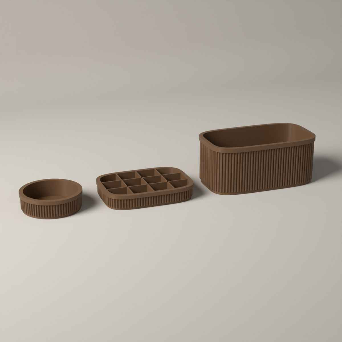 Ribbed Jewellery Organiser Set of 3 with Stand, Ring Dish and Earring Tray in cocoa brown