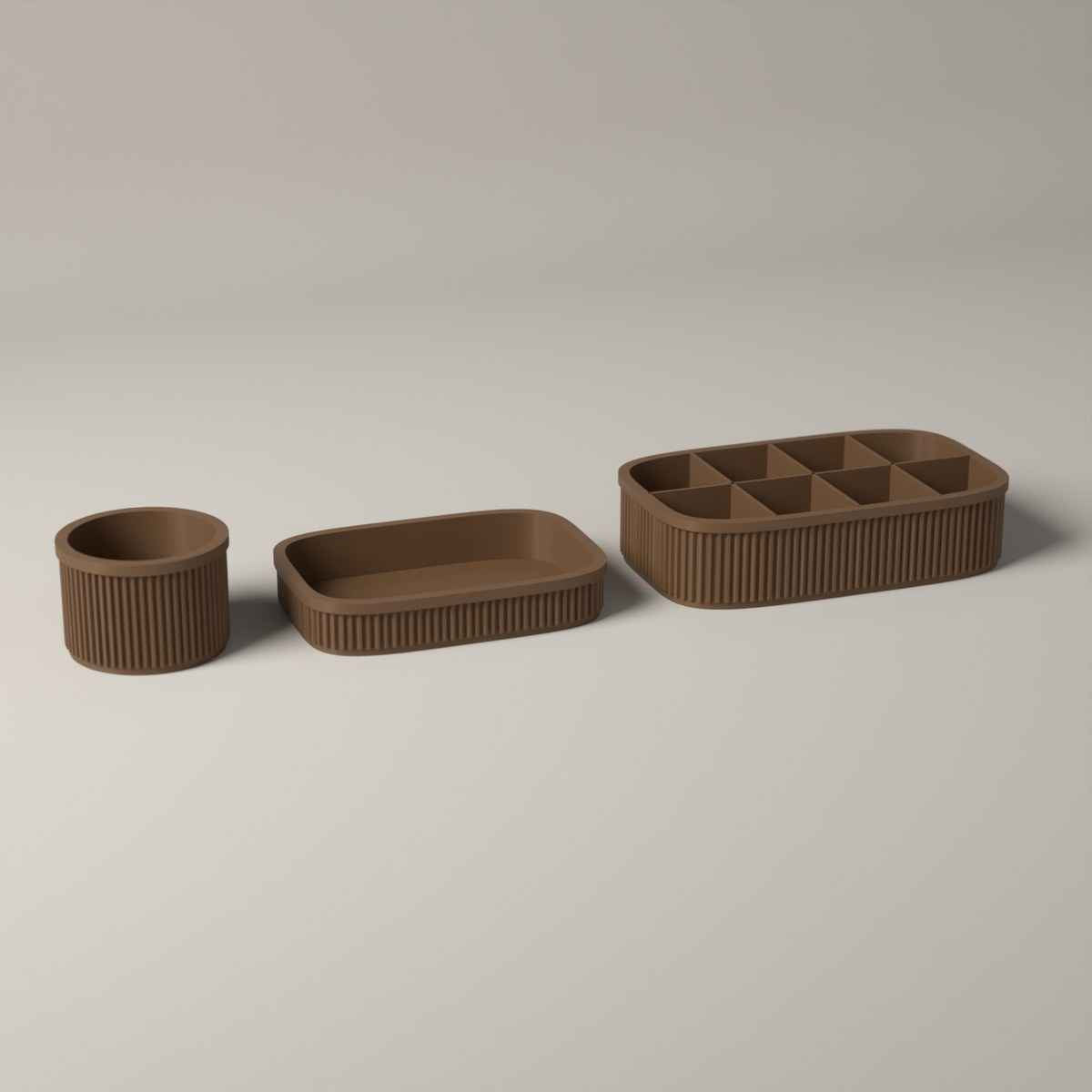 Ribbed Coffee Station Organiser Set of 3 - Pod Holder, Tray and Pot in cocoa brown