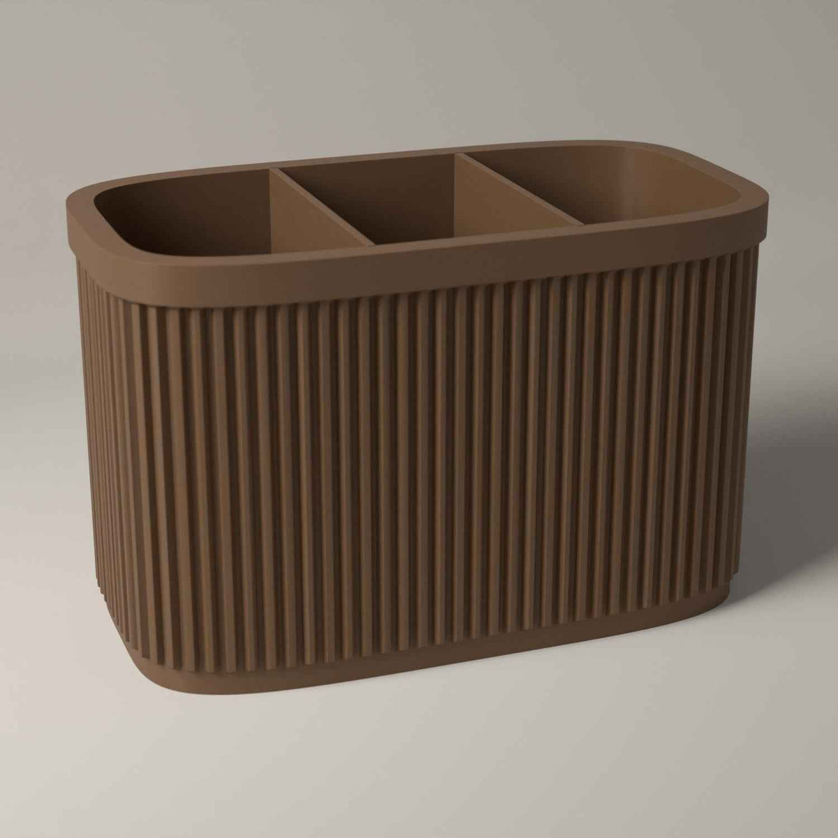 Ribbed Pen Holder with 3 Compartments for Desk Organisation in cocoa brown