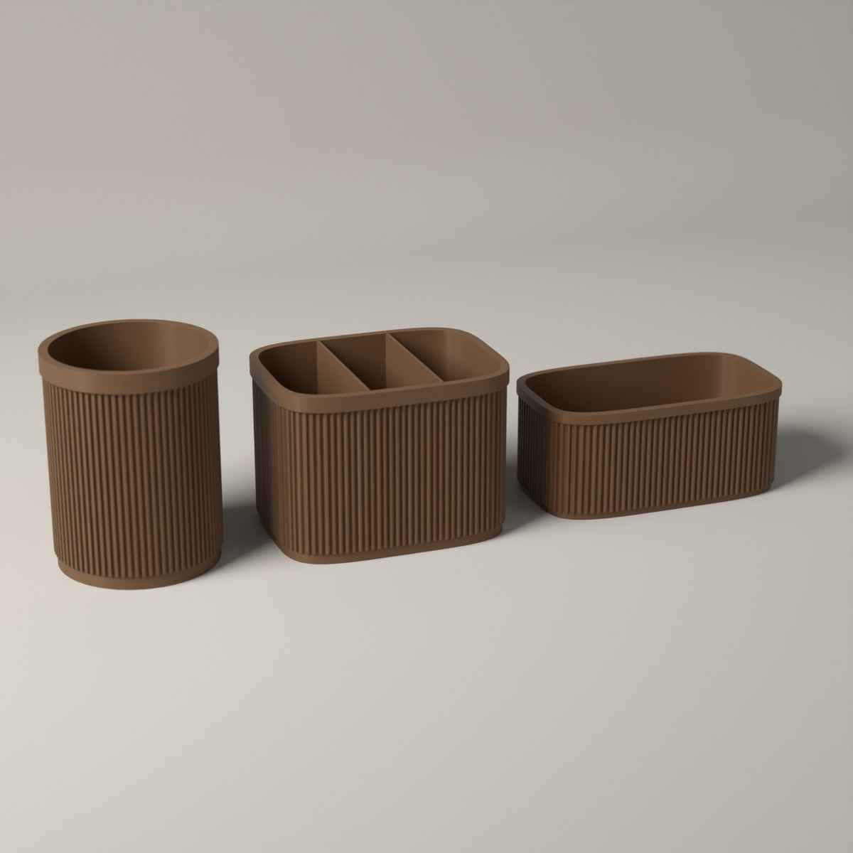 Ribbed Kitchen Counter Organiser Set of 3 with Caddy, Utensil Pot and Stand in cocoa brown
