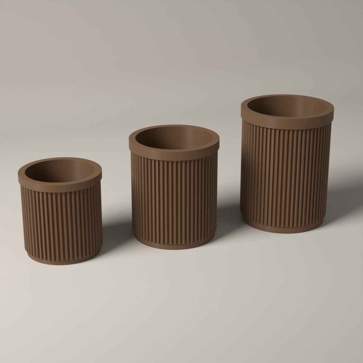 Ribbed Pen Pots Set of 3 Heights - Desk Storage for Pens and Pencils in cocoa brown