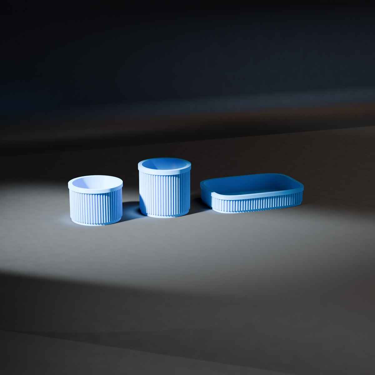 Ribbed Bathroom Organiser Set of 3 with Tray, Pot and Cotton Pad Holder in cyan
