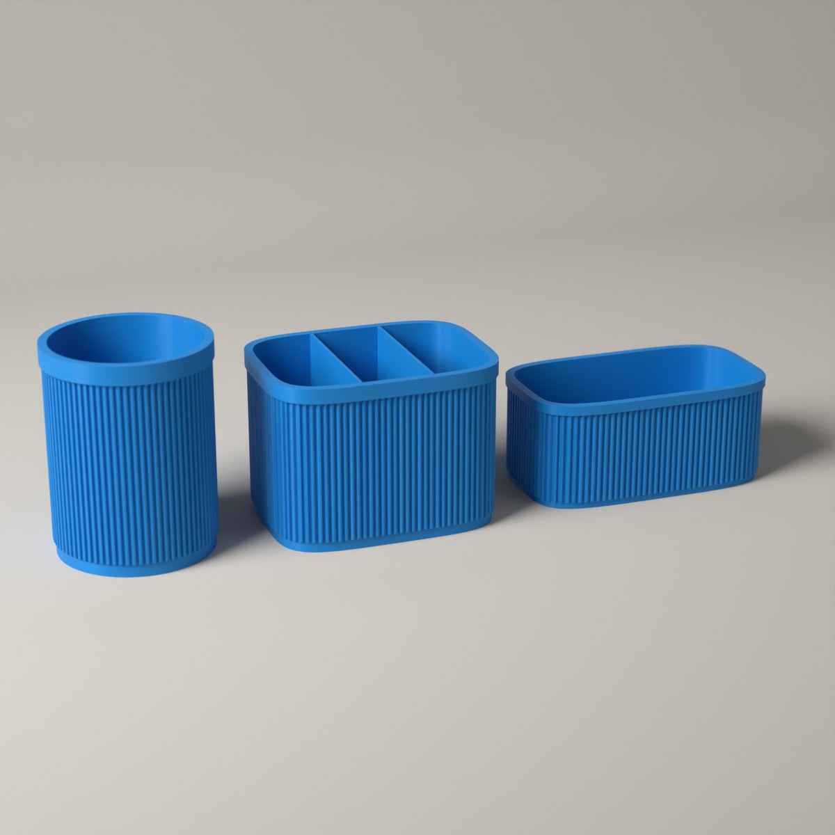 Ribbed Kitchen Counter Organiser Set of 3 with Caddy, Utensil Pot and Stand in cyan