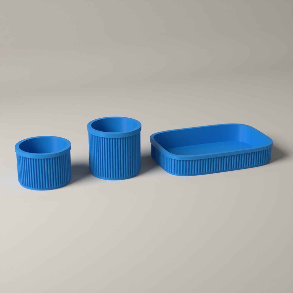 Ribbed Bathroom Counter Organiser Set of 3 with Tray and 2 Holders in cyan