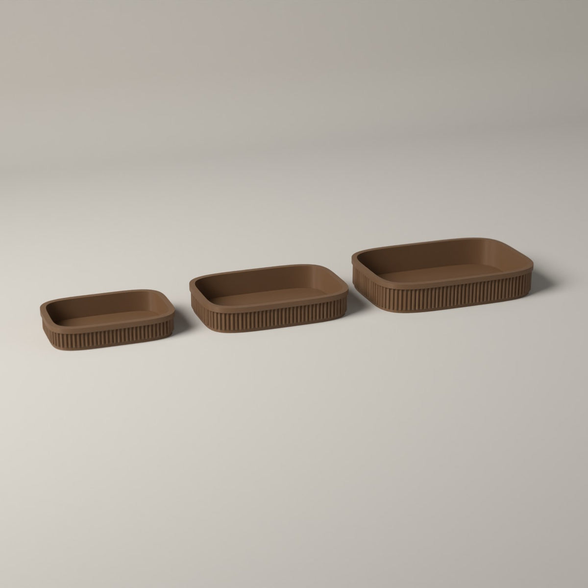 Ribbed Desk Organiser Trays, Set of 3 Graduated Sizes in cocoa brown