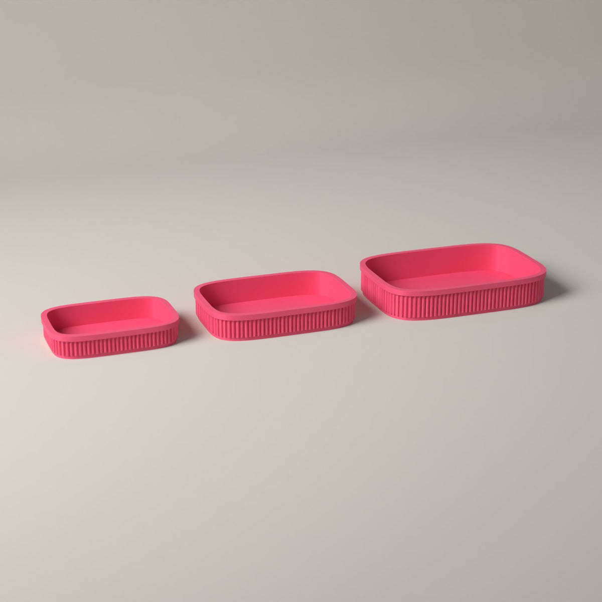 Ribbed Desk Organiser Trays, Set of 3 Graduated Sizes in hot pink