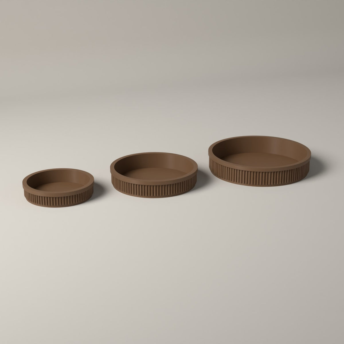 Round Trinket Trays Set of 3, Ribbed Jewellery and Key Dishes in cocoa brown