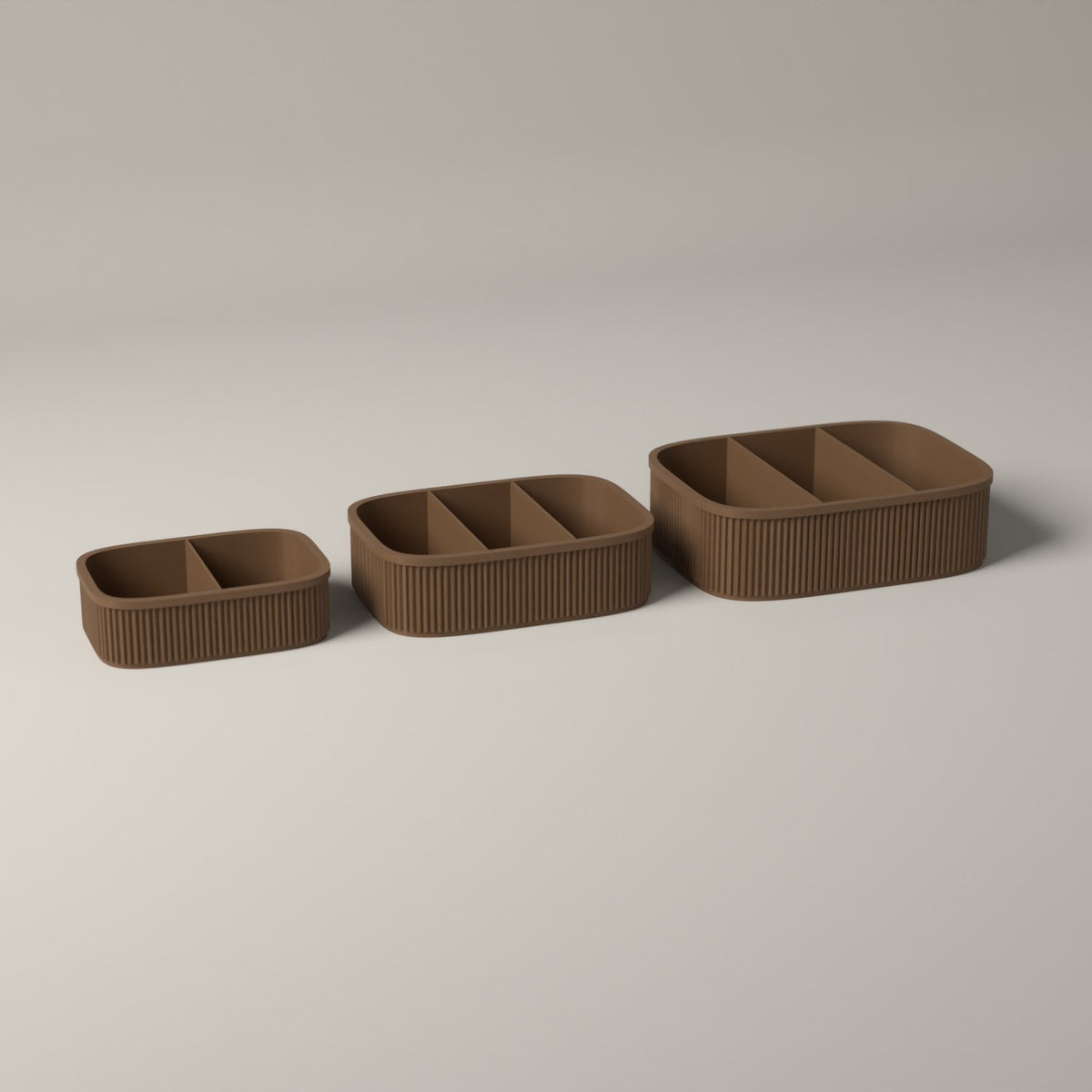 Snack Boxes Set of 3, Ribbed Organisers for Wrapped Treats in cocoa brown