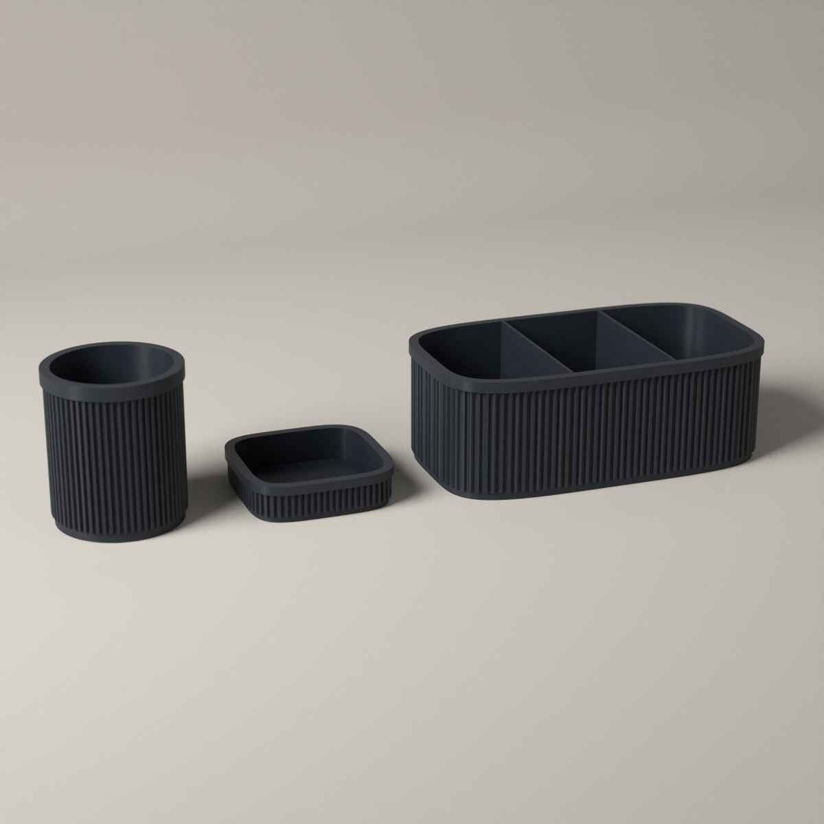 Ribbed Teacher Desk Organiser Set of 3 with Caddy, Pen Pot and Note Tray in grey