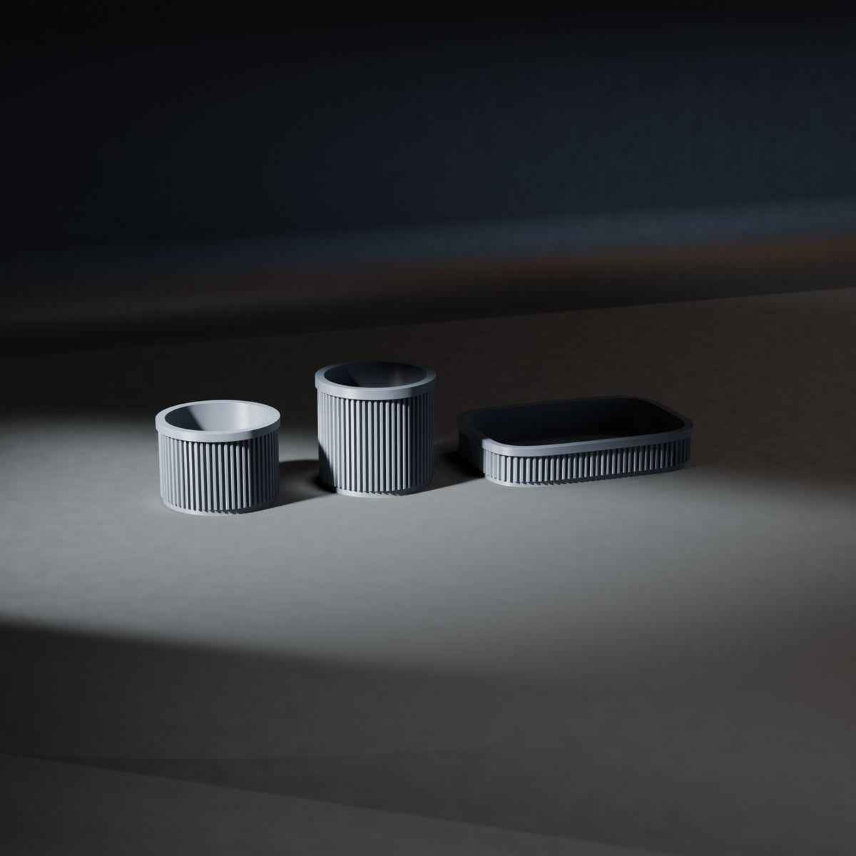 Ribbed Bathroom Organiser Set of 3 with Tray, Pot and Cotton Pad Holder in grey