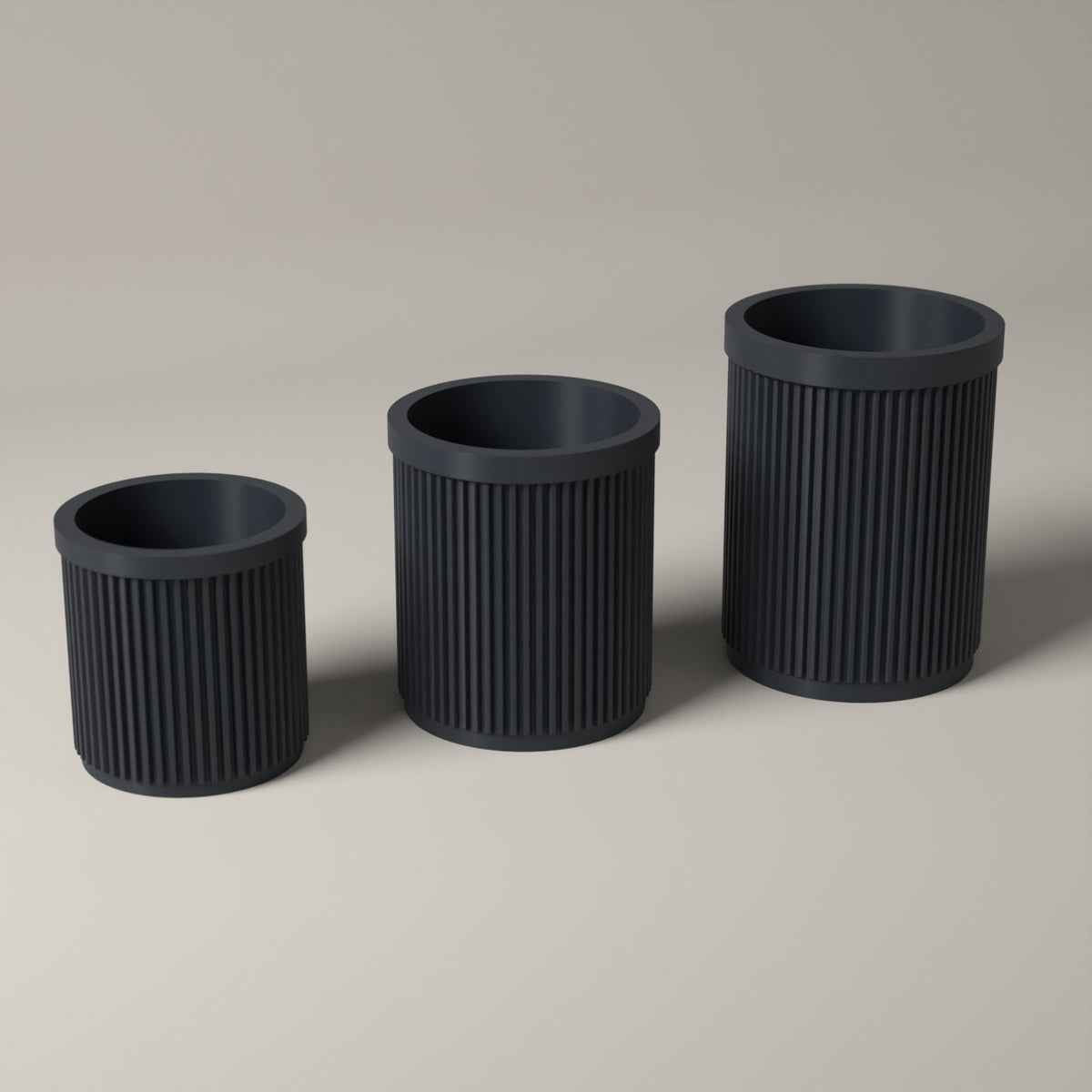 Ribbed Pen Pots Set of 3 Heights - Desk Storage for Pens and Pencils in grey