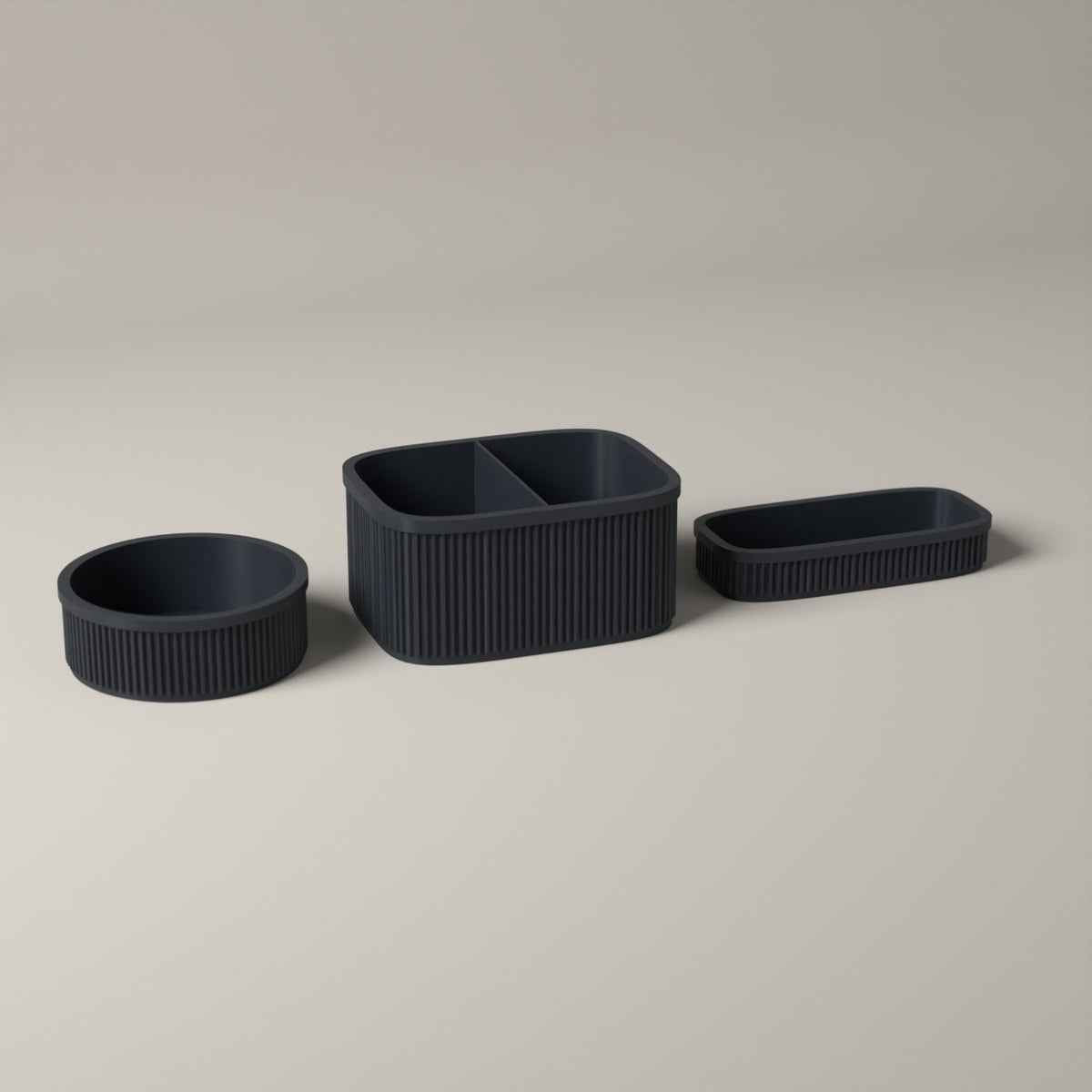Ribbed Bedside Organiser Set of 3 - Caddy, Key Bowl and Glasses Tray in grey