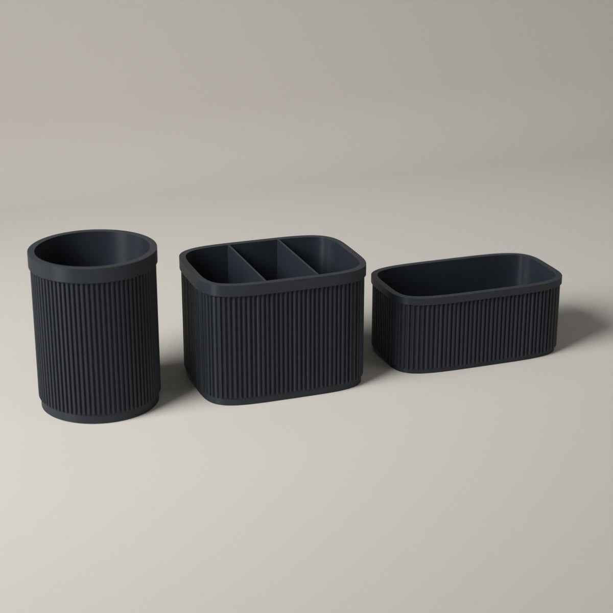 Ribbed Kitchen Counter Organiser Set of 3 with Caddy, Utensil Pot and Stand in grey