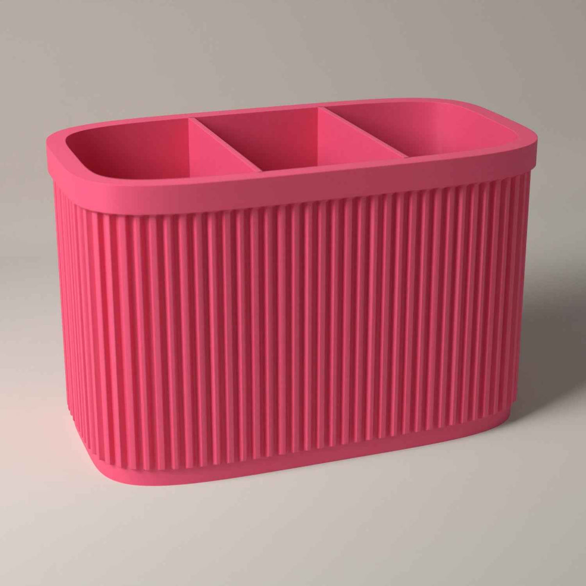 Ribbed Pen Holder with 3 Compartments for Desk Organisation in hot pink
