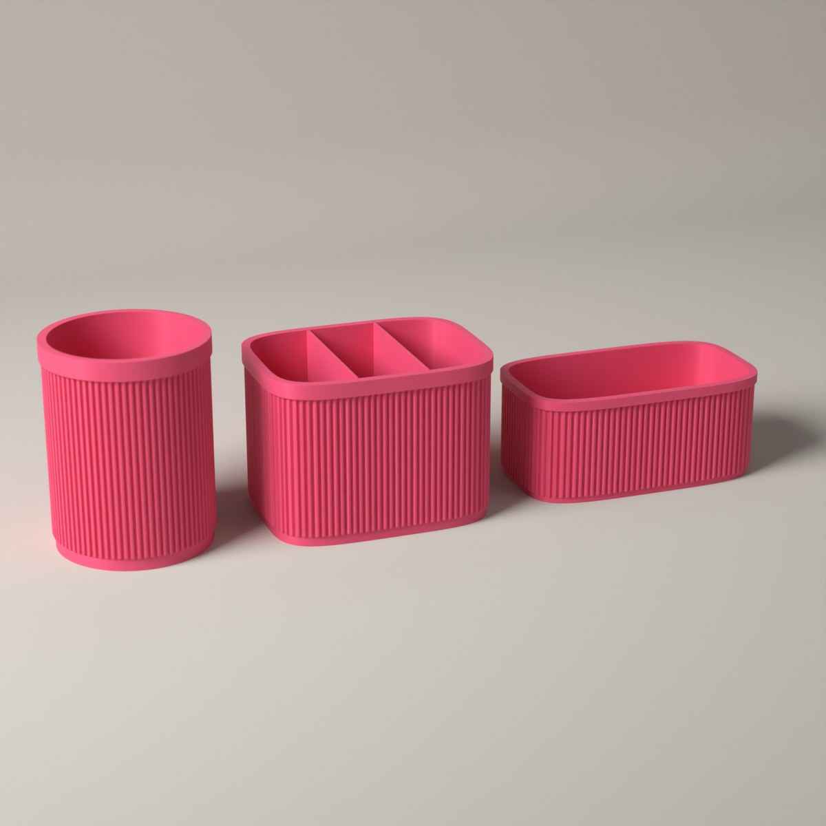 Ribbed Kitchen Counter Organiser Set of 3 with Caddy, Utensil Pot and Stand in hot pink