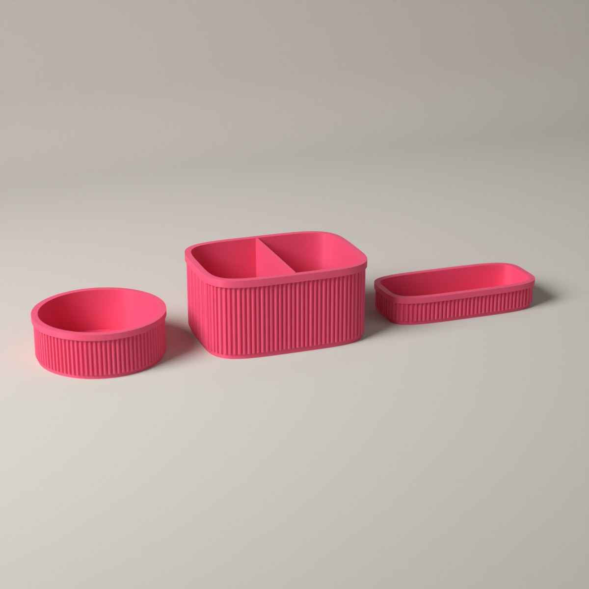 Ribbed Bedside Organiser Set of 3 - Caddy, Key Bowl and Glasses Tray in hot pink