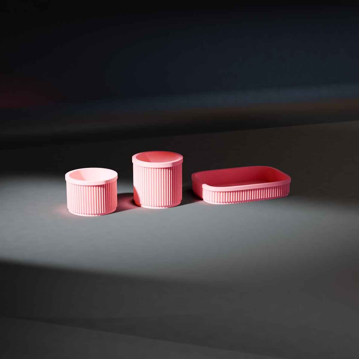 Ribbed Bathroom Organiser Set of 3 with Tray, Pot and Cotton Pad Holder in hot pink