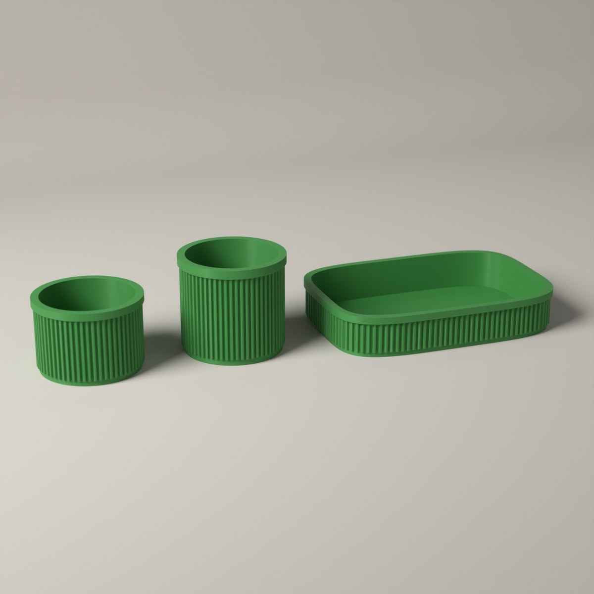 Ribbed Bathroom Counter Organiser Set of 3 with Tray and 2 Holders in mistletoe green