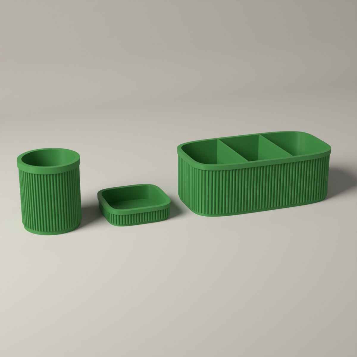 Ribbed Teacher Desk Organiser Set of 3 with Caddy, Pen Pot and Note Tray in mistletoe green