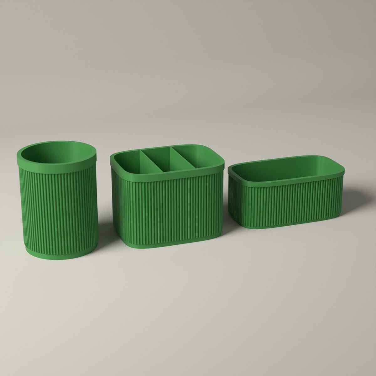 Ribbed Kitchen Counter Organiser Set of 3 with Caddy, Utensil Pot and Stand in mistletoe green
