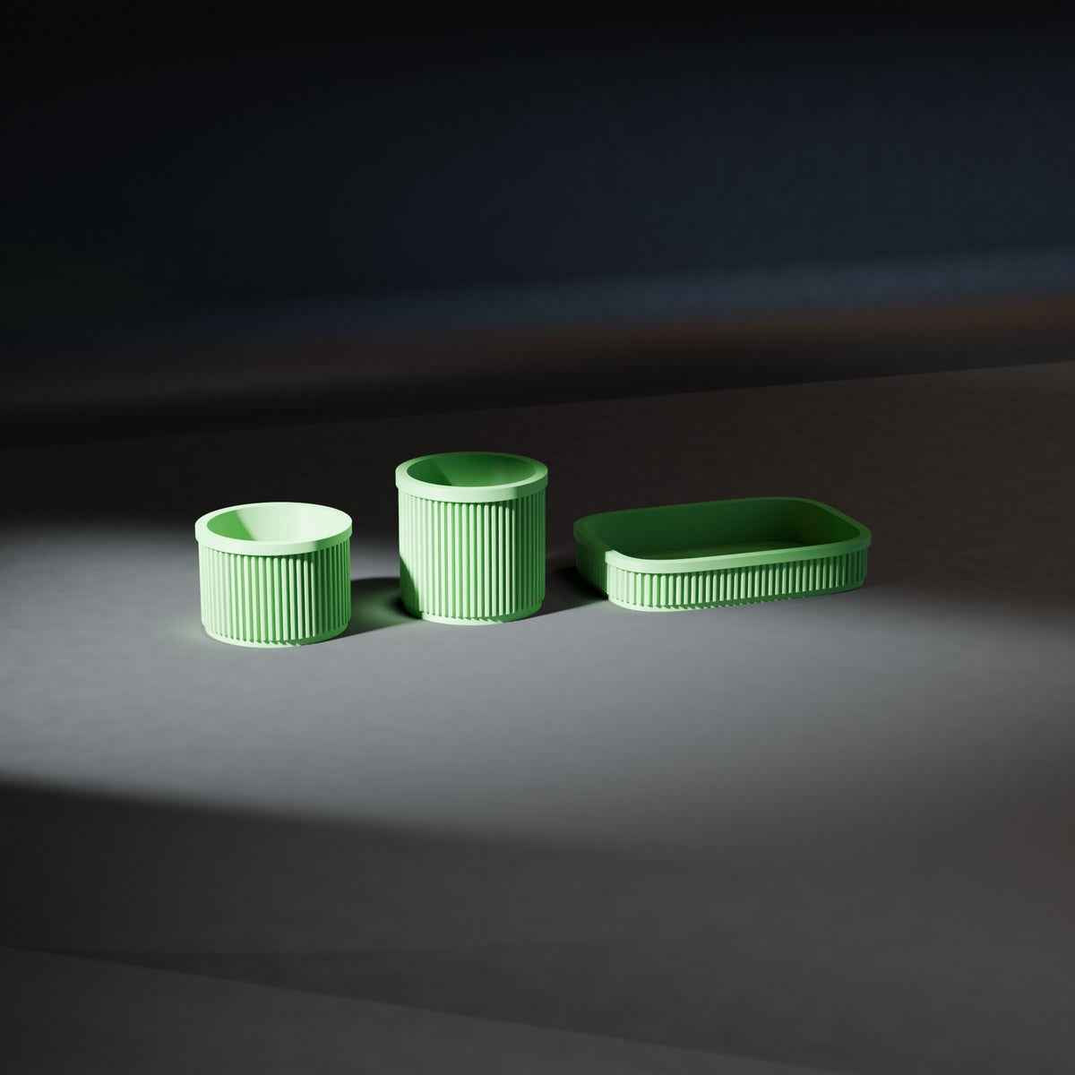 Ribbed Bathroom Organiser Set of 3 with Tray, Pot and Cotton Pad Holder in mistletoe green