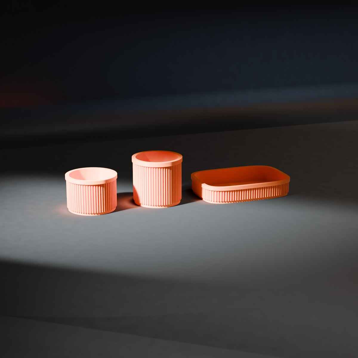Ribbed Bathroom Organiser Set of 3 with Tray, Pot and Cotton Pad Holder in orange