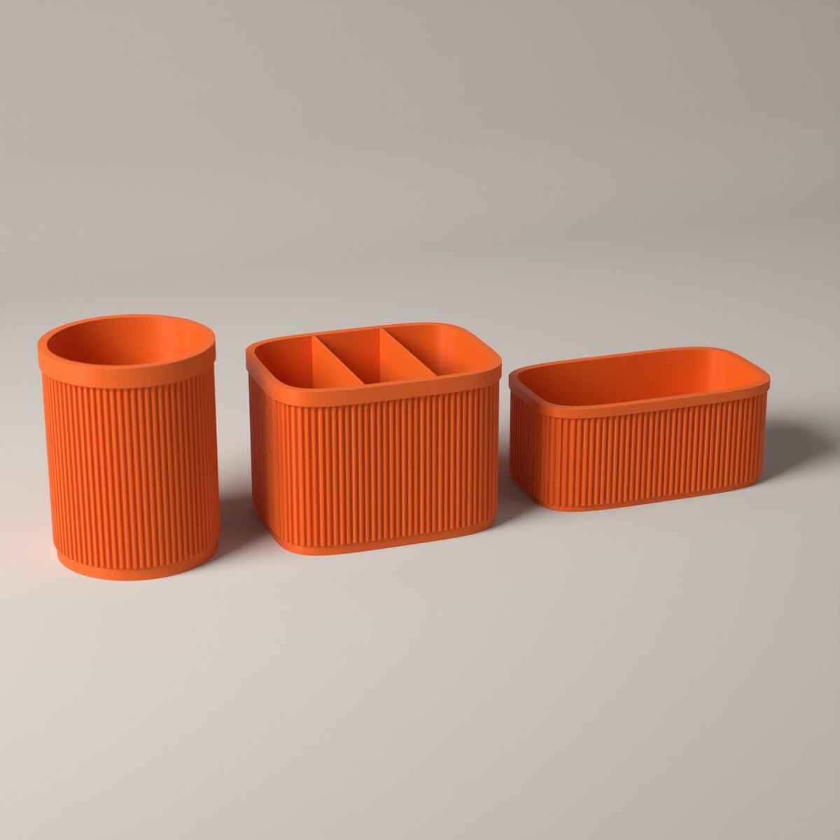 Ribbed Kitchen Counter Organiser Set of 3 with Caddy, Utensil Pot and Stand in orange