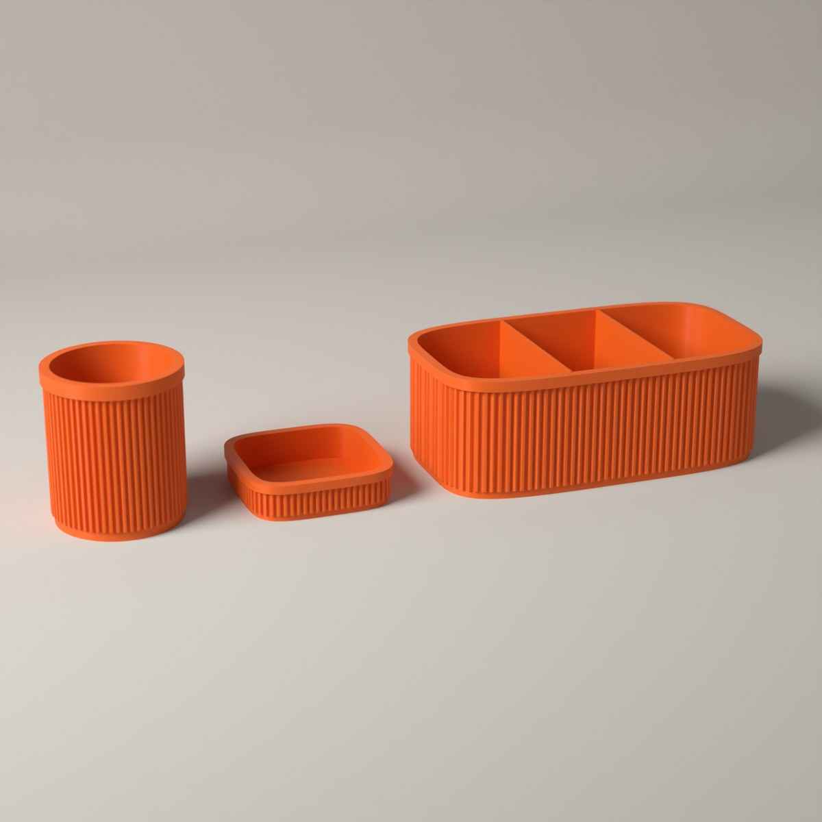 Ribbed Teacher Desk Organiser Set of 3 with Caddy, Pen Pot and Note Tray in orange