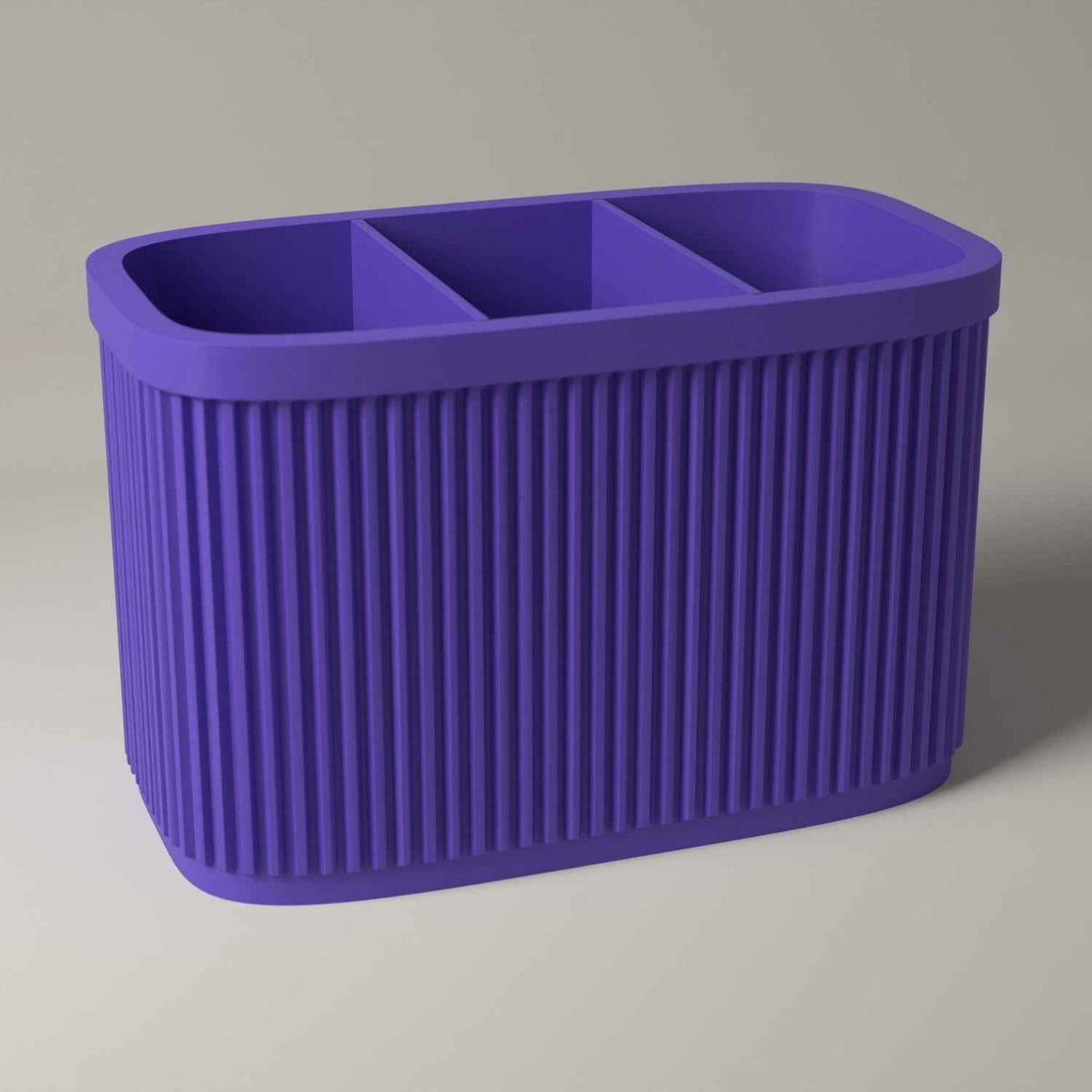 Ribbed Pen Holder with 3 Compartments for Desk Organisation in purple