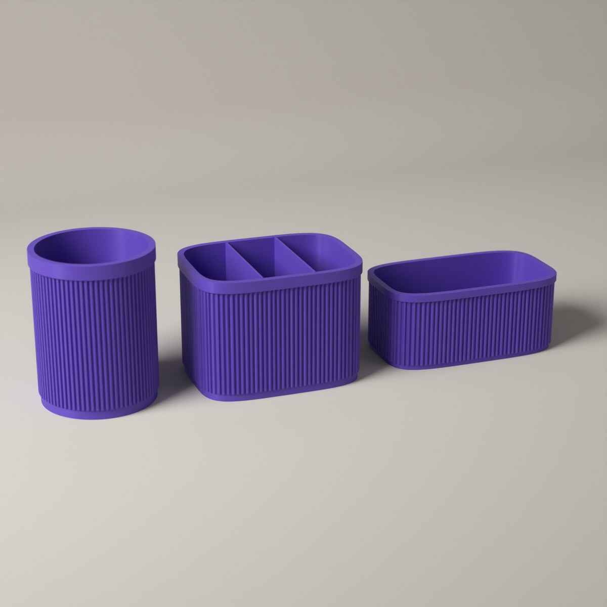 Ribbed Kitchen Counter Organiser Set of 3 with Caddy, Utensil Pot and Stand in purple
