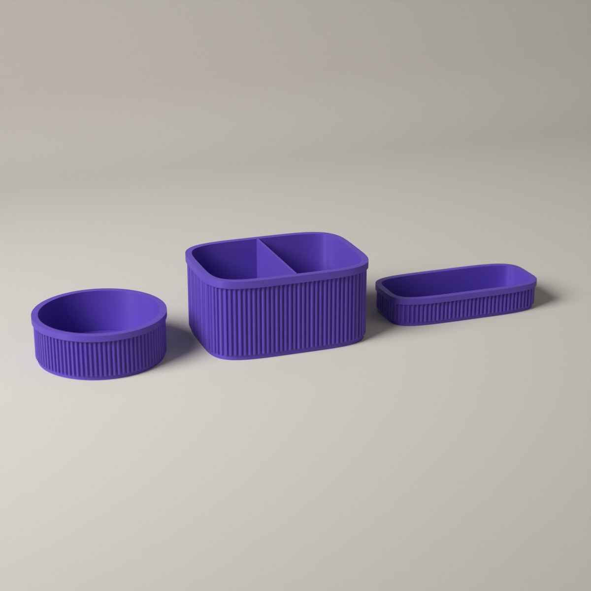 Ribbed Bedside Organiser Set of 3 - Caddy, Key Bowl and Glasses Tray in purple