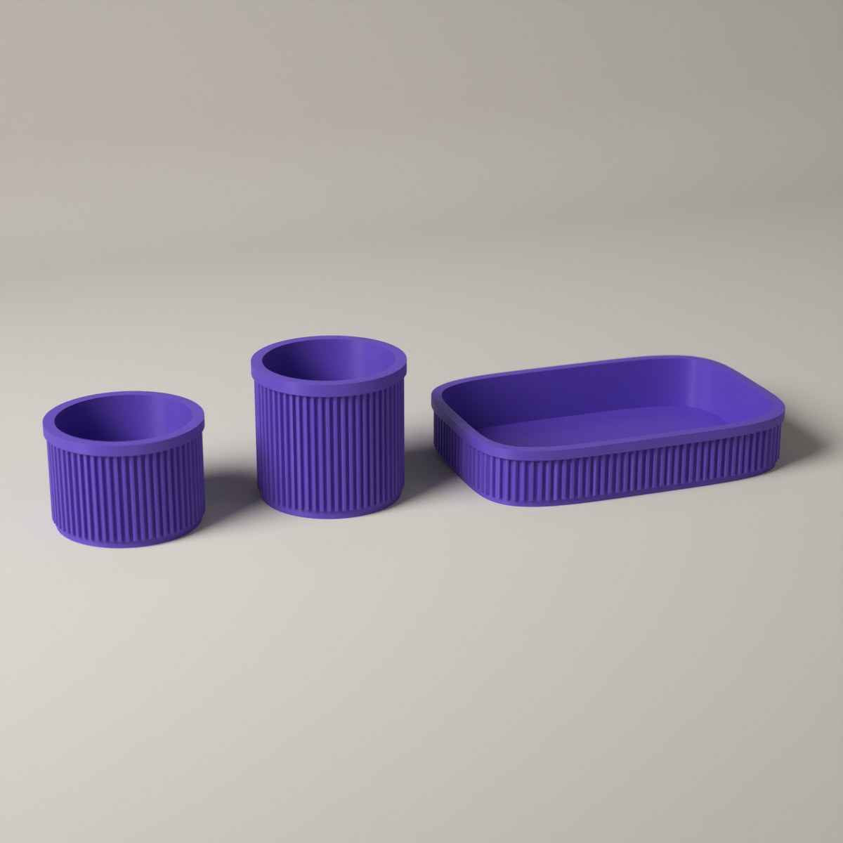 Ribbed Bathroom Counter Organiser Set of 3 with Tray and 2 Holders in purple